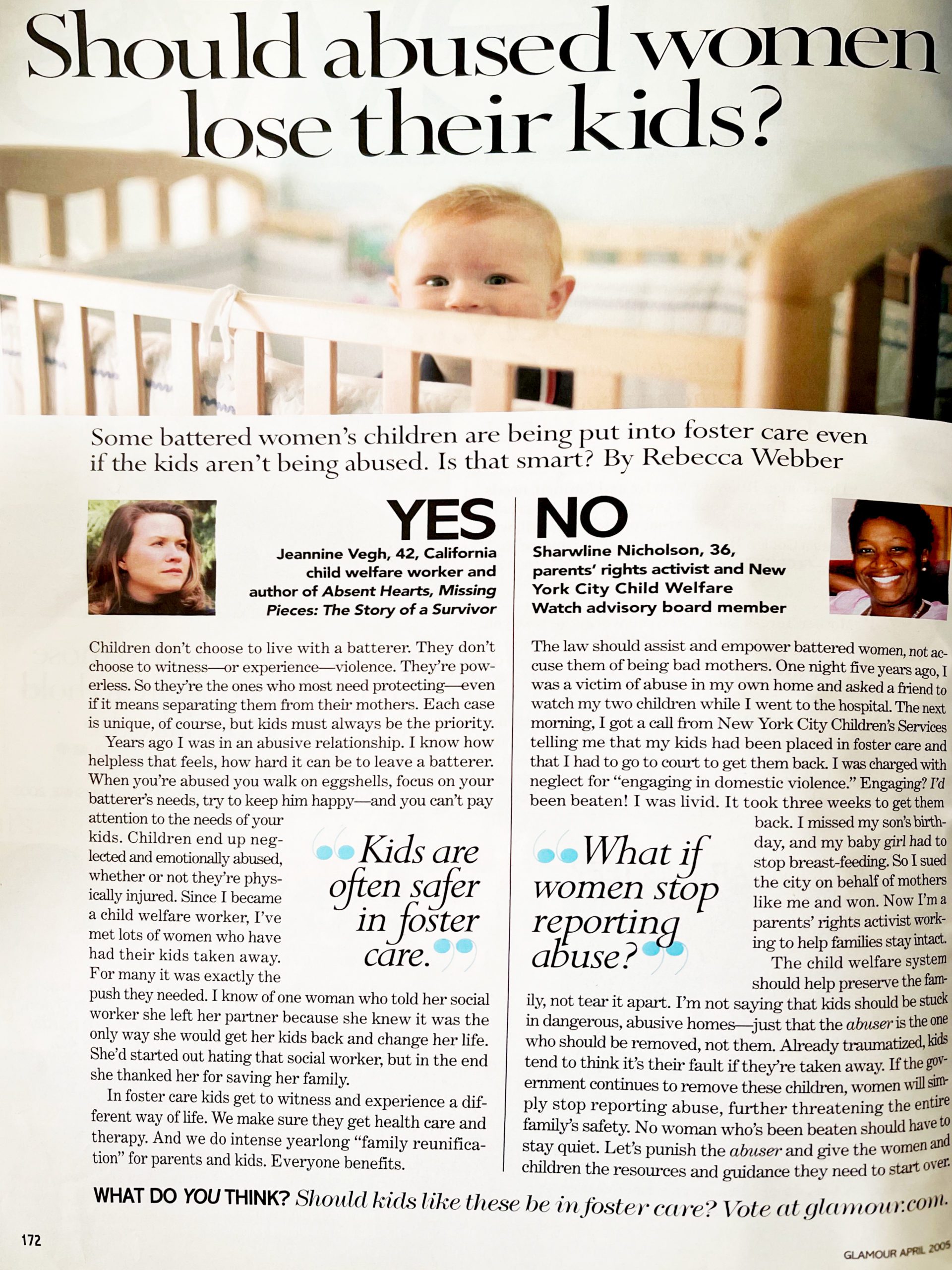 A printed article, involving Sharwline Nicholson, with headline "Should abused women lose their kids?"